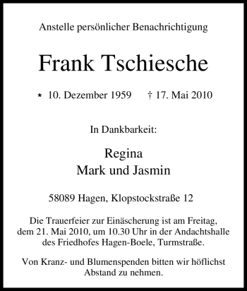 Traueranzeige von Frank Tschiesche von Tageszeitung