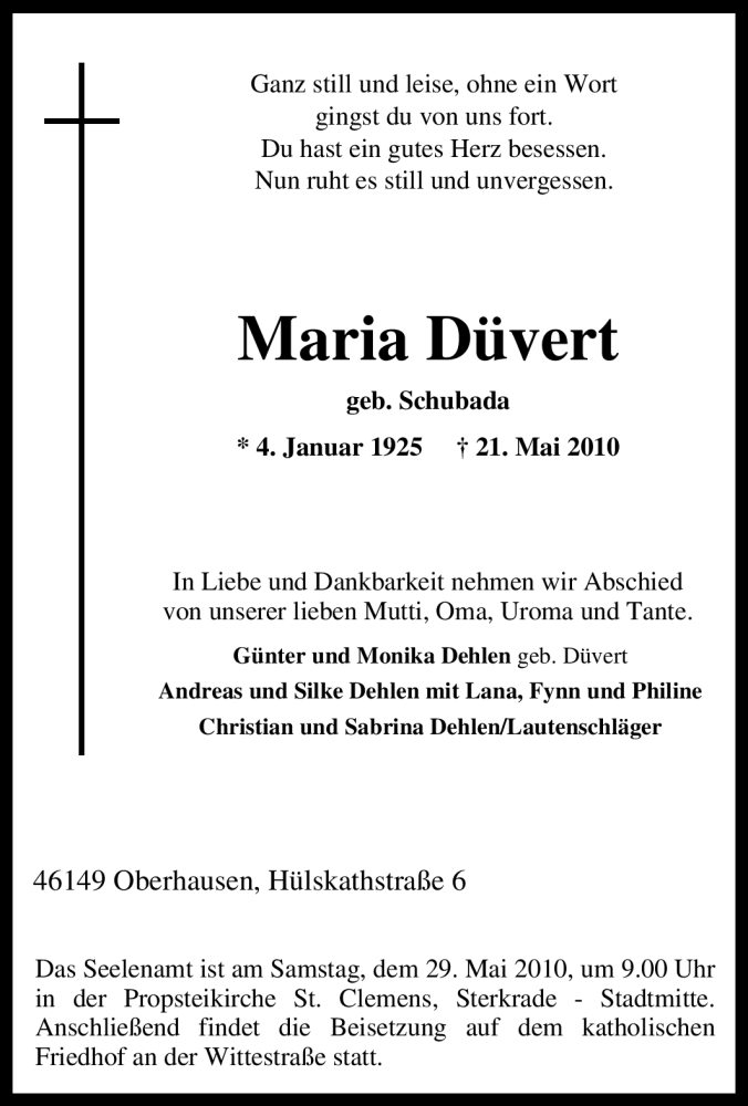  Traueranzeige für Maria Düvert vom 26.05.2010 aus Tageszeitung