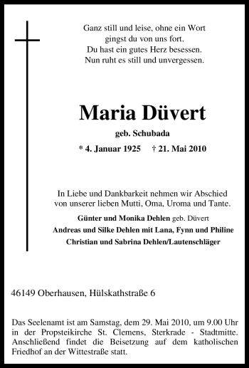 Traueranzeige von Maria Düvert von Tageszeitung