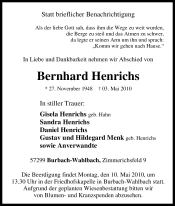 Traueranzeige von Bernhard Henrichs von Tageszeitung