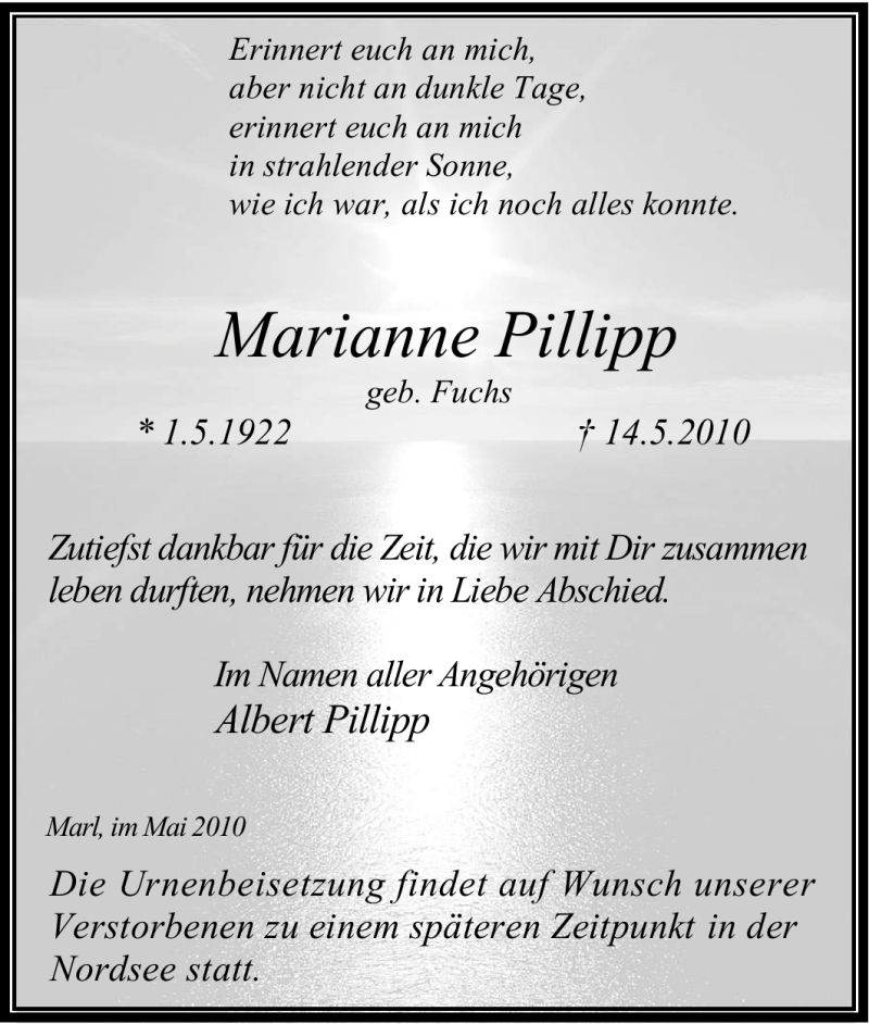  Traueranzeige für Marianne Pillipp vom 22.05.2010 aus Tageszeitung