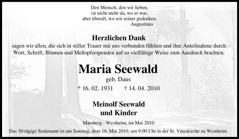  Traueranzeige für Maria Seewald vom 08.05.2010 aus Tageszeitung