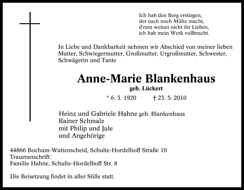  Traueranzeige für Anne-Marie Blankenhaus vom 26.05.2010 aus Tageszeitung