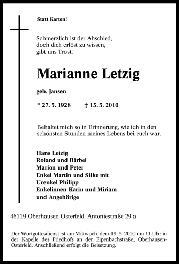 Traueranzeige von Marianne Letzig von Tageszeitung