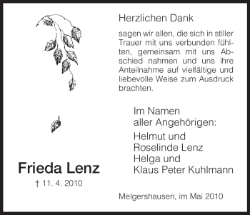 Traueranzeige von Frieda Lenz von Tageszeitung