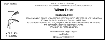 Traueranzeige von Wilma Feller von Tageszeitung