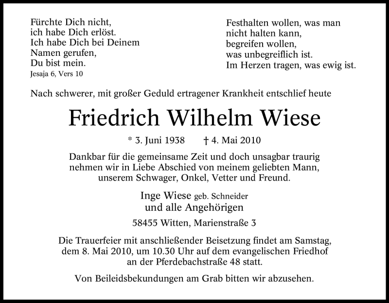  Traueranzeige für Friedrich Wilhelm Wiese vom 06.05.2010 aus Tageszeitung