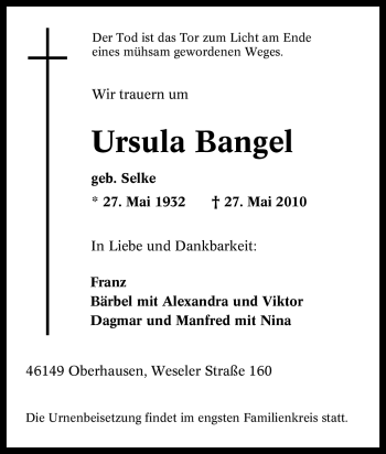 Traueranzeige von Ursula Bangel von Tageszeitung