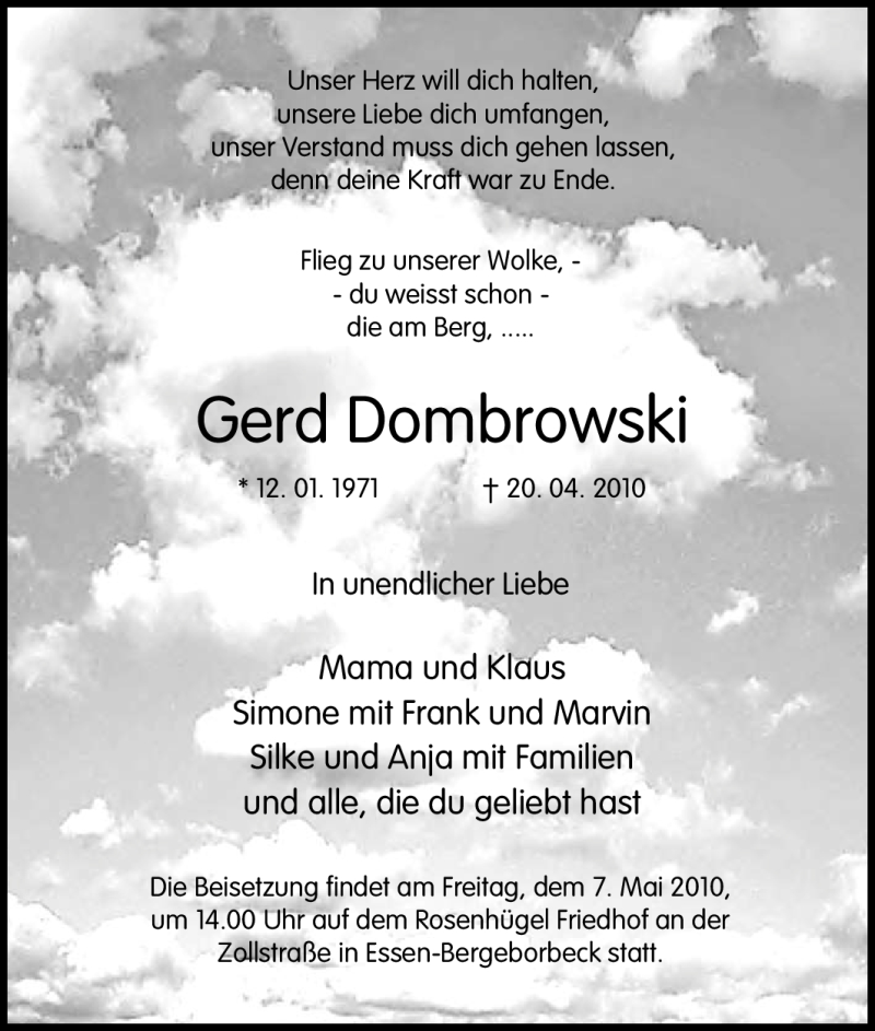  Traueranzeige für Gerd Dombrowski vom 01.05.2010 aus Tageszeitung
