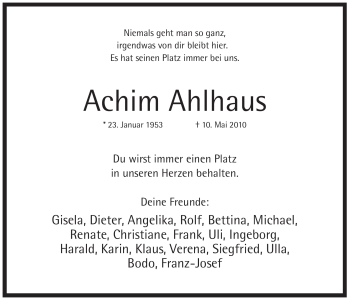 Traueranzeige von Achim Ahlhaus von Tageszeitung