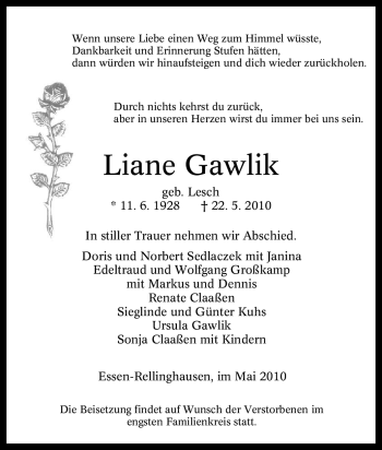 Traueranzeige von Liane Gawlik von Tageszeitung
