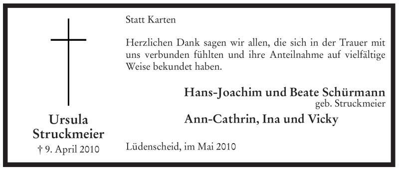  Traueranzeige für Ursula Struckmeier vom 07.05.2010 aus Tageszeitung
