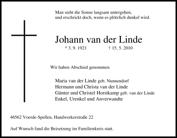 Traueranzeige von Johann van der Linde von Tageszeitung
