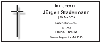 Traueranzeige von Jürgen Stadermann von Tageszeitung