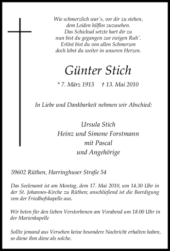Traueranzeige von Günter Stich von Tageszeitung