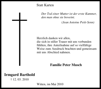 Traueranzeige von Irmgard Barthold von Tageszeitung