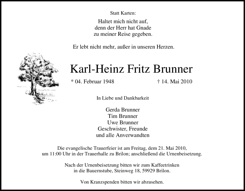 Traueranzeigen von KarlHeinz Fritz Brunner TrauerinNRW.de