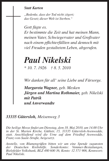 Traueranzeige von Paul Nikelski von Tageszeitung
