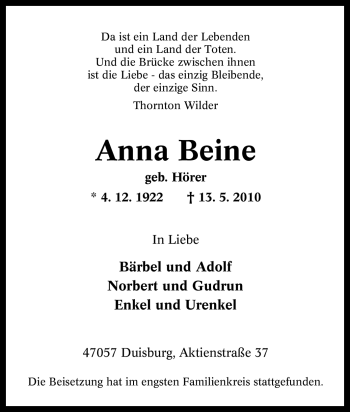 Traueranzeige von Anna Beine von Tageszeitung