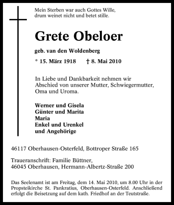 Traueranzeige von Grete Obeloer von Tageszeitung