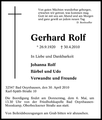 Traueranzeige von Gerhard Rolf von Tageszeitung