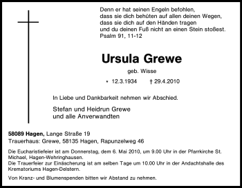 Traueranzeige von Ursula Grewe von Tageszeitung