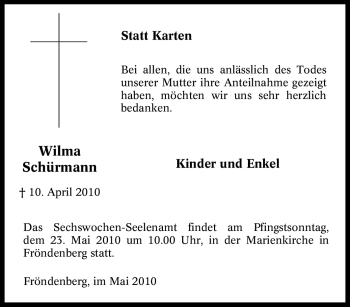 Traueranzeige von Wilma Schürmann von Tageszeitung