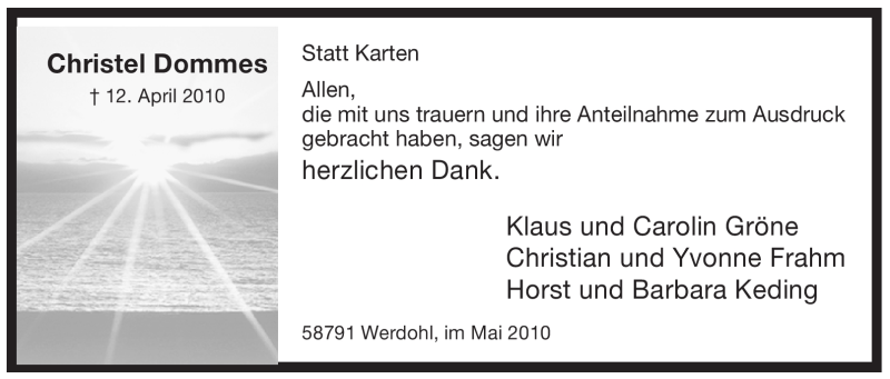  Traueranzeige für Christel Dommes vom 15.05.2010 aus Tageszeitung