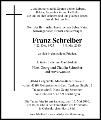 Traueranzeige von Franz Schreiber von Tageszeitung