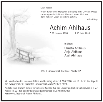 Traueranzeige von Achim Ahlhaus von Tageszeitung