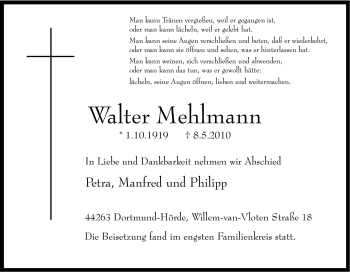 Traueranzeige von Walter Mehlmann von Tageszeitung
