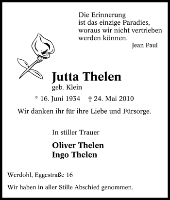Traueranzeige von Jutta Thelen von Tageszeitung