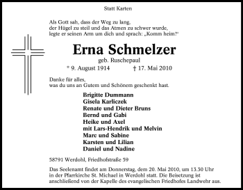 Traueranzeige von Erna Schmelzer von Tageszeitung