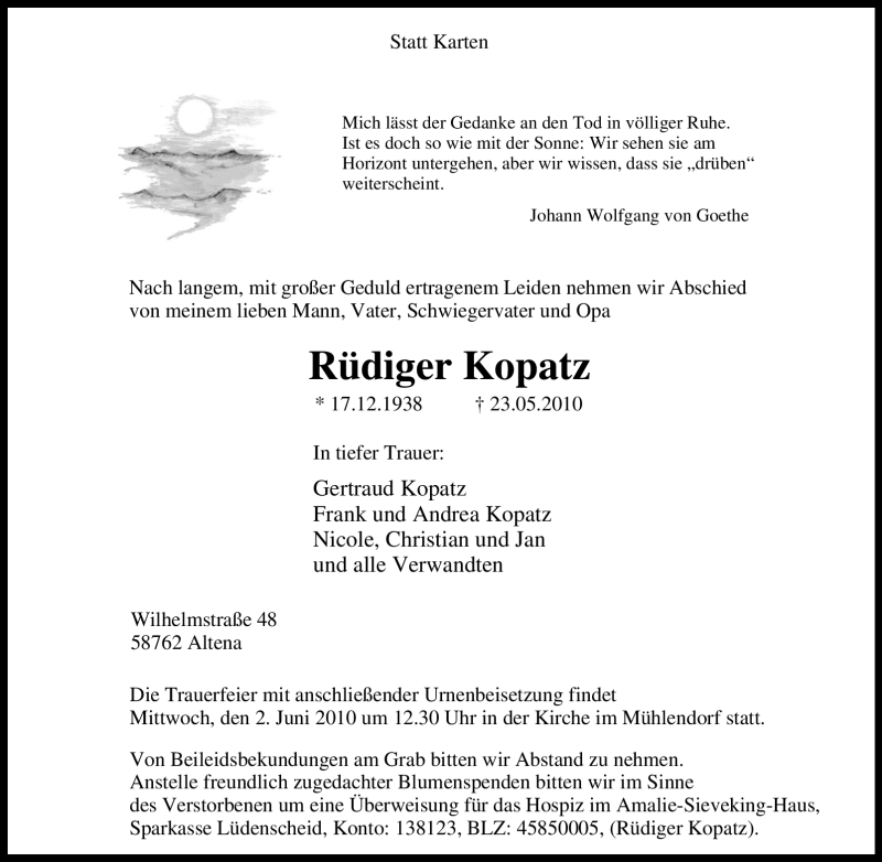 Traueranzeige für Rüdiger Kopatz vom 28.05.2010 aus Tageszeitung