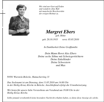 Traueranzeige von Margret Ebers von Tageszeitung