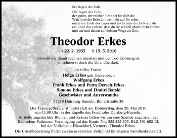 Traueranzeige von Theodor Erkes von Tageszeitung