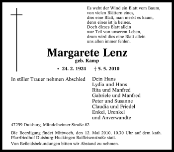 Traueranzeige von Margarete Lenz von Tageszeitung