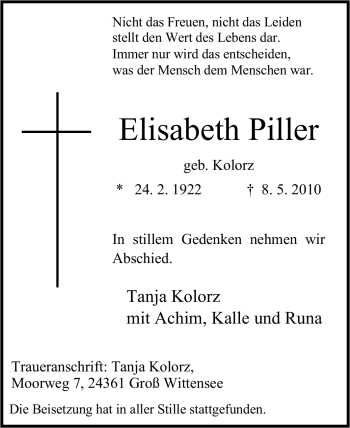 Traueranzeige von Elisabeth Piller von Tageszeitung