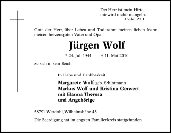 Traueranzeige von Jürgen Wolf von Tageszeitung
