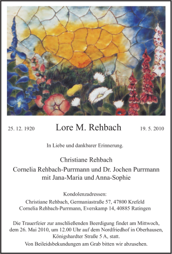 Traueranzeige von Lore M. Rehbach von Tageszeitung