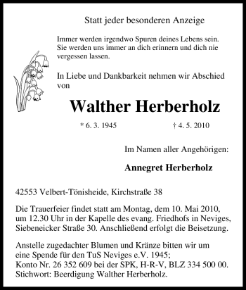 Traueranzeige von Walther Herberholz von Tageszeitung