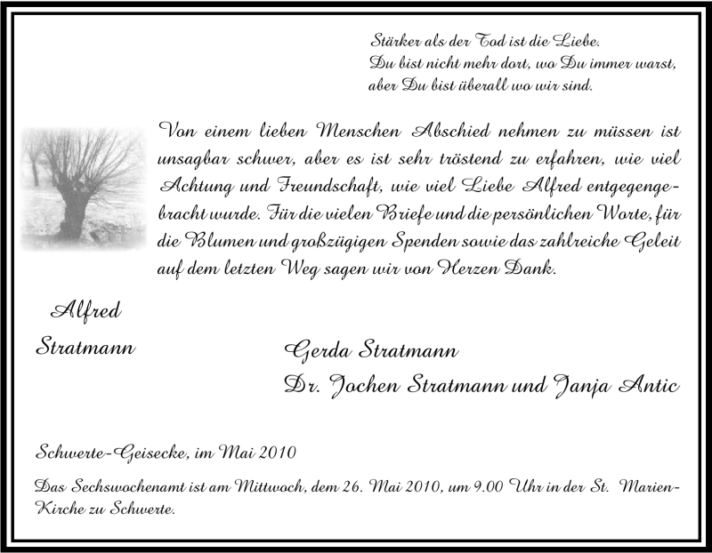  Traueranzeige für Alfred Stratmann vom 07.05.2010 aus Tageszeitung