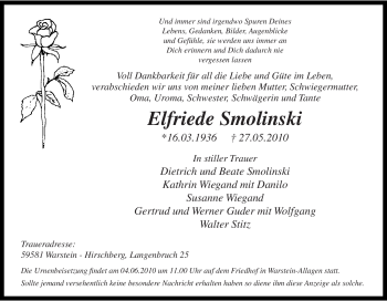 Traueranzeige von Elfriede Smolinski von Tageszeitung