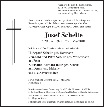 Traueranzeige von Josef Schelte von Tageszeitung