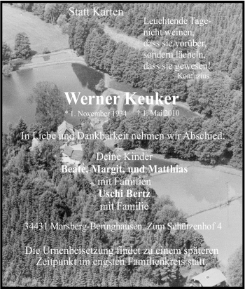 Traueranzeige von Werner Keuker von Tageszeitung