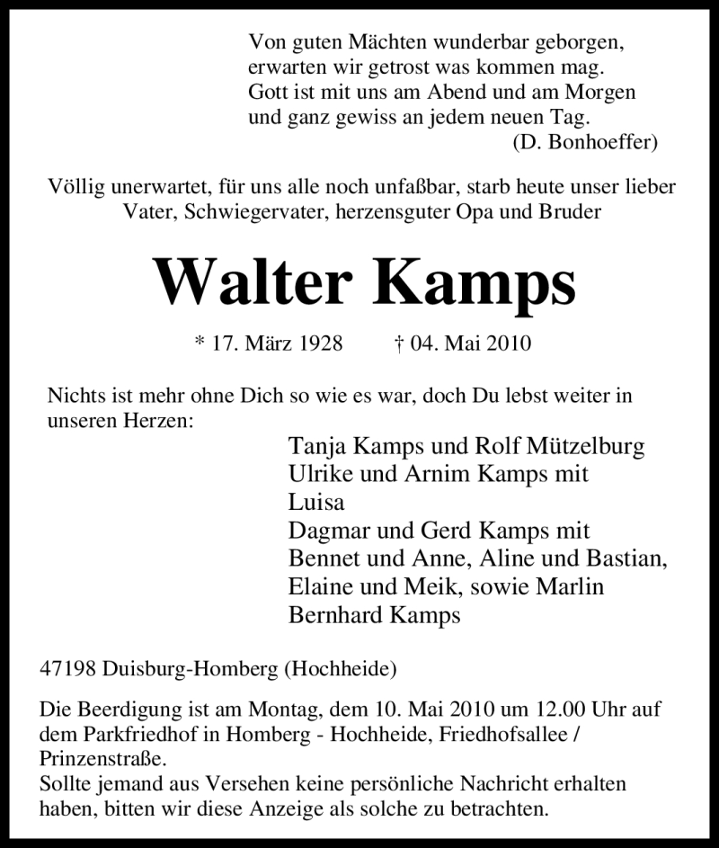 Traueranzeige für Walter Kamps vom 06.05.2010 aus Tageszeitung