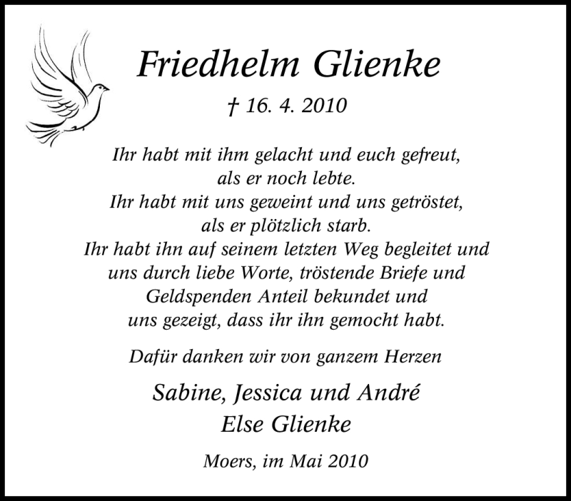  Traueranzeige für Friedhelm Glienke vom 08.05.2010 aus Tageszeitung