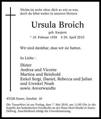 Traueranzeige von Ursula Broich von Tageszeitung