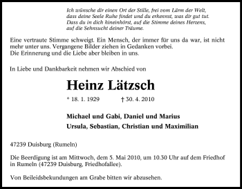 Traueranzeige von Heinz Lätzsch von Tageszeitung