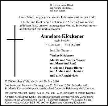 Traueranzeige von Annelore Klöckener von Tageszeitung